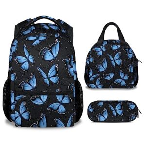 butterfly backpack with lunch box and pencil case set, 3 in 1 matching for girls blue backpacks combo, aesthetic bookbag and pencil case bundle