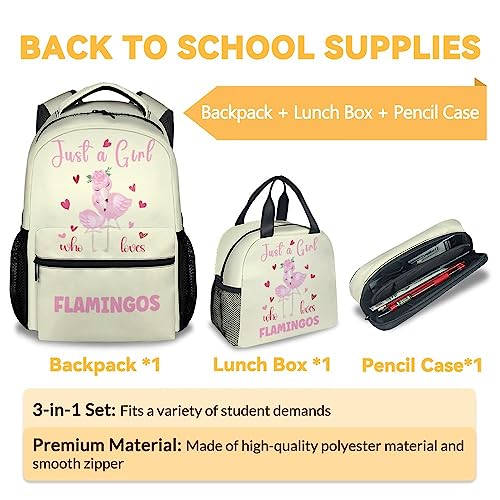 KNOWPHST Flamingo Backpack with Lunch Box Set for Girls - 3 in 1 Primary Middle School Backpacks Matching Combo - Large Capacity, Durable, Lightweight, Yellow Bookbag and Pencil Case Bundle