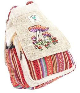 unique design mushroom embroidery himalaya hemp hippie backpack festival backpack fair trade handmade with love. (natural hemp)