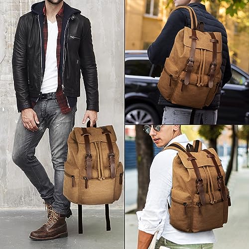 VAZUOOL Canvas Laptop Backpack, Vintage Rucksack Backpack for Men Women, Travel Backpack College Bookbag Casual Daypack Fits 15.6 Inch Laptop, Brown