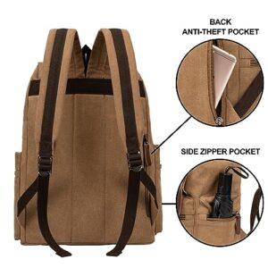 VAZUOOL Canvas Laptop Backpack, Vintage Rucksack Backpack for Men Women, Travel Backpack College Bookbag Casual Daypack Fits 15.6 Inch Laptop, Brown