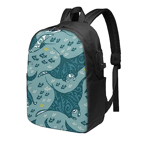 BAFAFA Manta Ray and Fish Printed Anti-Theft Bag Travel Laptop Backpack With USB Charging Casual Daypack