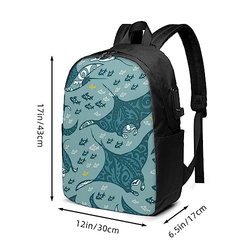BAFAFA Manta Ray and Fish Printed Anti-Theft Bag Travel Laptop Backpack With USB Charging Casual Daypack