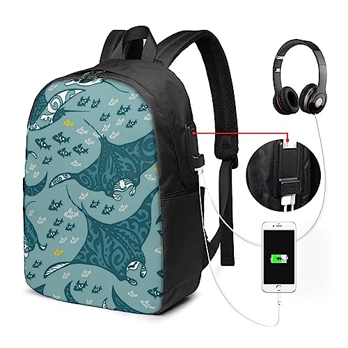 BAFAFA Manta Ray and Fish Printed Anti-Theft Bag Travel Laptop Backpack With USB Charging Casual Daypack