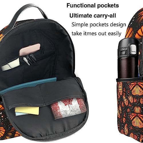 Orange Monarch Butterflies Print Backpack Laptop Bag Multiple Pockets Casual Travel Shoulder Bag For Men Women