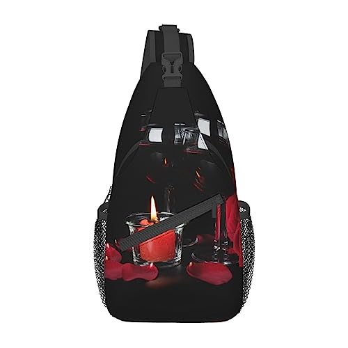 UNIOND Red Wine Rose and Candle Printed Sling Bag Adjustable Cross Chest Bag Shoulder Backpack for Outdoor Travel