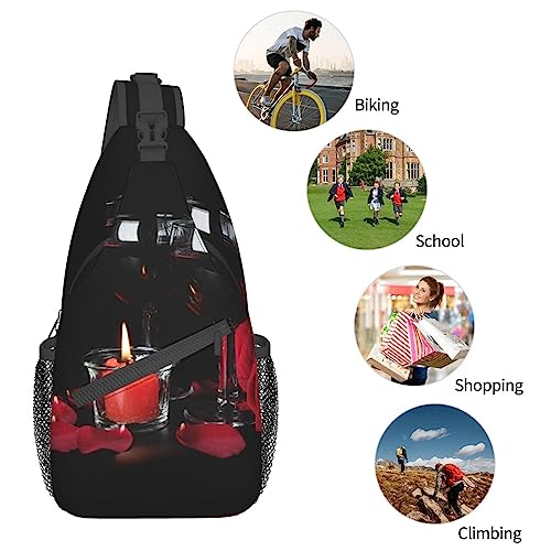 UNIOND Red Wine Rose and Candle Printed Sling Bag Adjustable Cross Chest Bag Shoulder Backpack for Outdoor Travel