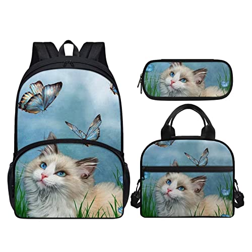 ZFRXIGN Butterfly Cat Backpack for Girls School Bags Lunch Box Pencil Case Kids Elementary Middle Student Book Bag Rucksack Bookbag School Supplies Blue