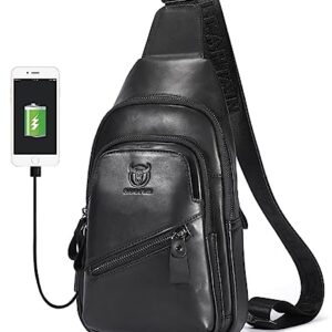 BULLCAPTAIN Leather Sling Chest Bag for Men Outdoor Hiking Travel Crossbody Bag Backpack with USB Charging Port (Black)