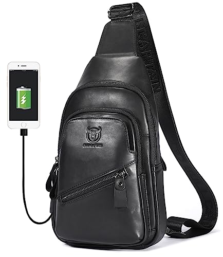 BULLCAPTAIN Leather Sling Chest Bag for Men Outdoor Hiking Travel Crossbody Bag Backpack with USB Charging Port (Black)