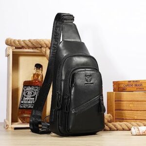 BULLCAPTAIN Leather Sling Chest Bag for Men Outdoor Hiking Travel Crossbody Bag Backpack with USB Charging Port (Black)