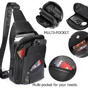 BULLCAPTAIN Leather Sling Chest Bag for Men Outdoor Hiking Travel Crossbody Bag Backpack with USB Charging Port (Black)