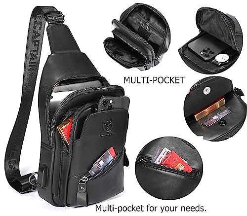 BULLCAPTAIN Leather Sling Chest Bag for Men Outdoor Hiking Travel Crossbody Bag Backpack with USB Charging Port (Black)