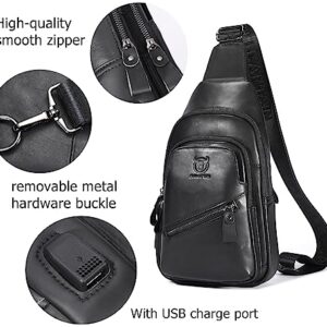 BULLCAPTAIN Leather Sling Chest Bag for Men Outdoor Hiking Travel Crossbody Bag Backpack with USB Charging Port (Black)