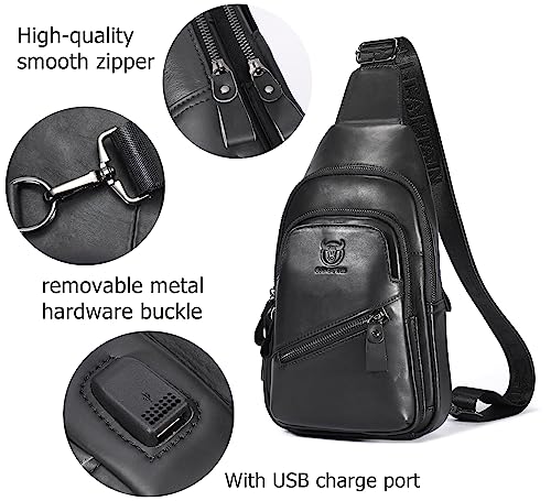 BULLCAPTAIN Leather Sling Chest Bag for Men Outdoor Hiking Travel Crossbody Bag Backpack with USB Charging Port (Black)