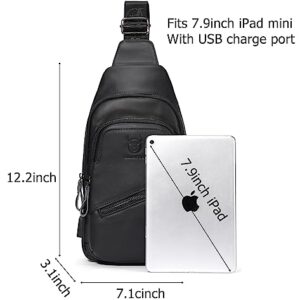 BULLCAPTAIN Leather Sling Chest Bag for Men Outdoor Hiking Travel Crossbody Bag Backpack with USB Charging Port (Black)