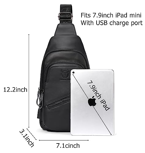 BULLCAPTAIN Leather Sling Chest Bag for Men Outdoor Hiking Travel Crossbody Bag Backpack with USB Charging Port (Black)