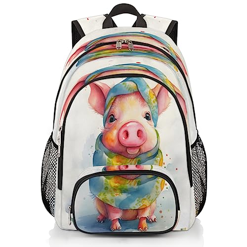 Elementary School Bags for Teens, Cute Piglet Kids Backpacks Pig Painted Lightweight Bookbags Waterproof Sturdy Schoolbag Daypack for Girls Boys