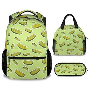 mercuryelf pickles girls boys backpack with lunch box set, 3 in 1 school travel backpacks matching combo, aesthetic green bookbag and pencil case bundle