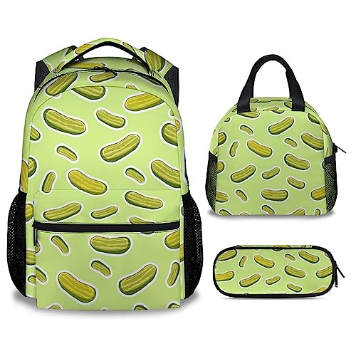 Mercuryelf Pickles Girls Boys Backpack with Lunch Box Set, 3 in 1 School Travel Backpacks Matching Combo, Aesthetic Green Bookbag and Pencil Case Bundle