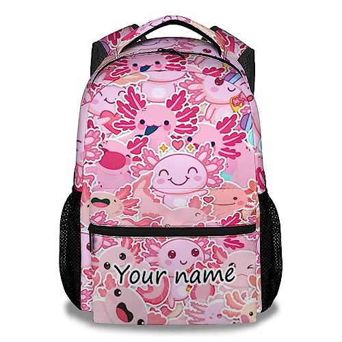 KNOWPHST Personalized axolotl Backpacks for Girls, Boys - 16 Inch Cute Backpack for School - Pink, Large Capacity, Durable, Lightweight Bookbag for Kids Travel