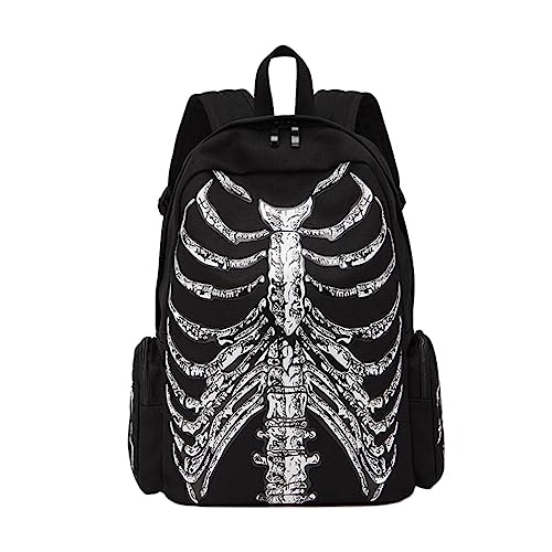 VALICLUD Punk Style Shoulder Bag Gothic Backpack Ribcage Skeleton Backpack Canvas Skull Backpack Skull Laptop Bag Halloween Backpack Goth Accessories for Men Women Canvas Casual Daypack