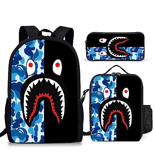 RDXLAYIV Shark School Backpack Set Durable Travel Bag Gifts Laptop Bag with Lunch Box Daypacks Kids Backpacks for Boys and Girls,blue