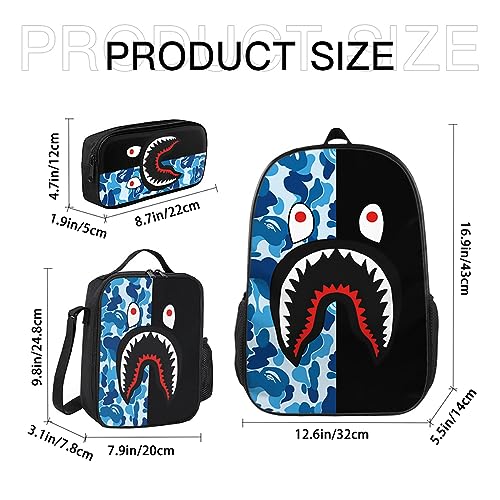 RDXLAYIV Shark School Backpack Set Durable Travel Bag Gifts Laptop Bag with Lunch Box Daypacks Kids Backpacks for Boys and Girls,blue