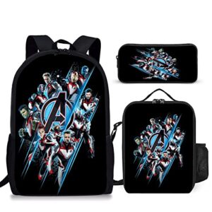 Jxcbnzu Avengers Backpack Set, Boys School Backpack Three-Piece Set with Lunch Box, Pencil Case