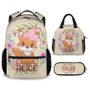 Homexzdiy Custom Cute Fox Backpack with Lunch Box Set for Girls Boys, Personalized 3 in 1 School Backpacks Matching Combo, Cute Light Yellow Bookbag and Pencil Case Bundle