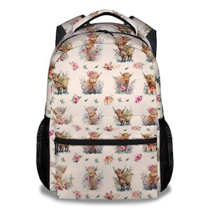mercuryelf highland cow backpack for girls boys, 16 inch beige backpacks for school, aesthetic lightweight bookbag for kids
