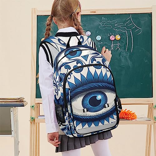 ZENWAWA Kids School Backpack for Girls Boys – Blue Evil Eye Print, Travel Backpacks with Reflective Strips Multiple Pockets for School Hiking Summer Camp 17.7 inches