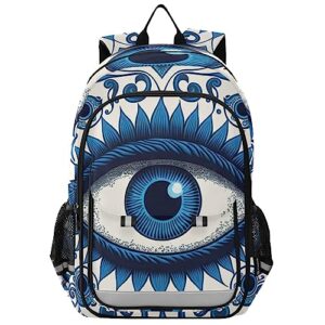 zenwawa kids school backpack for girls boys – blue evil eye print, travel backpacks with reflective strips multiple pockets for school hiking summer camp 17.7 inches