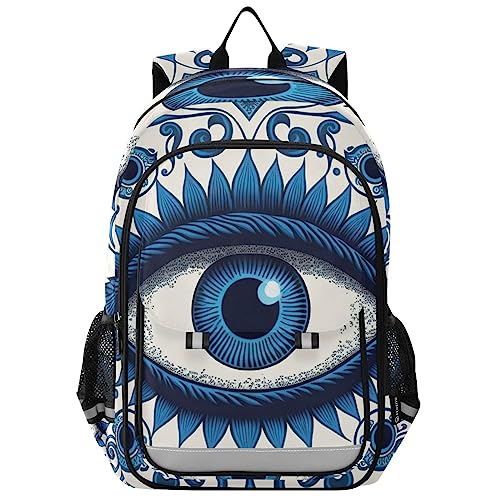 ZENWAWA Kids School Backpack for Girls Boys – Blue Evil Eye Print, Travel Backpacks with Reflective Strips Multiple Pockets for School Hiking Summer Camp 17.7 inches