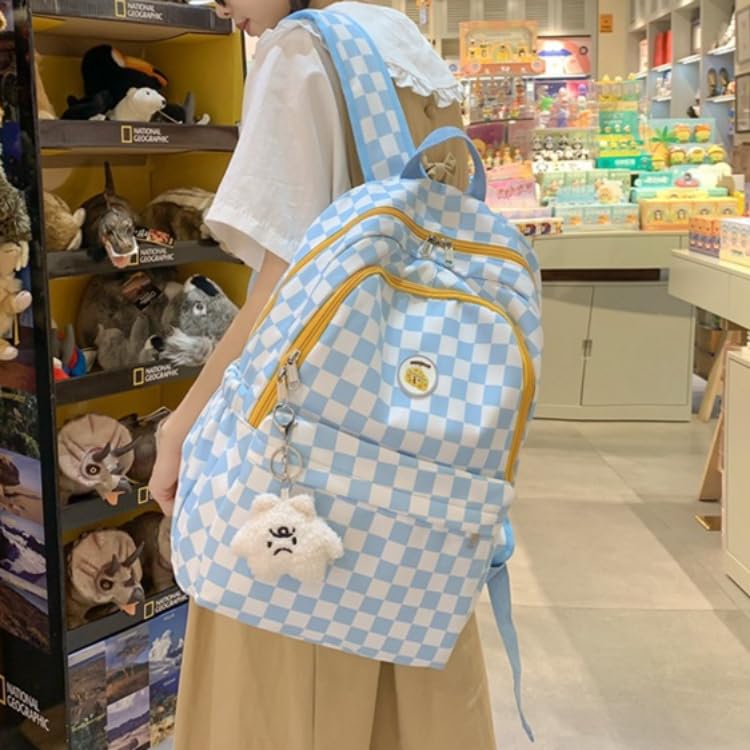 MININAI Cute Checkered Backpack Fit 15.6 Inch Laptop Checkerboard Light Academia Aesthetic Kawaii Preppy Y2k Backpack (Blue,One Size)