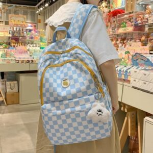 MININAI Cute Checkered Backpack Fit 15.6 Inch Laptop Checkerboard Light Academia Aesthetic Kawaii Preppy Y2k Backpack (Blue,One Size)