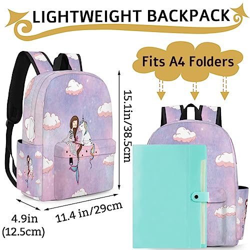 Bardic Backpack for Kids Kindergarten Boys Girls Backpack Metal Double Zipper Lightweight School Bookbag Travel Backpack - Unicorn Mermaid,watercolor