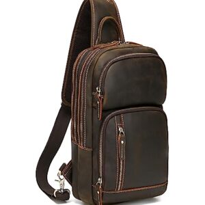 LANNSYNE Full Grain Leather Sling Bag For Men Crossbody Chest Daypack fits 12.9" iPad