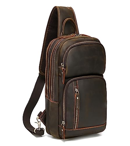 LANNSYNE Full Grain Leather Sling Bag For Men Crossbody Chest Daypack fits 12.9" iPad