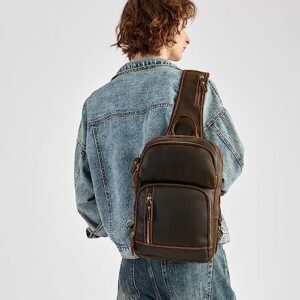 LANNSYNE Full Grain Leather Sling Bag For Men Crossbody Chest Daypack fits 12.9" iPad