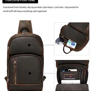 LANNSYNE Full Grain Leather Sling Bag For Men Crossbody Chest Daypack fits 12.9" iPad