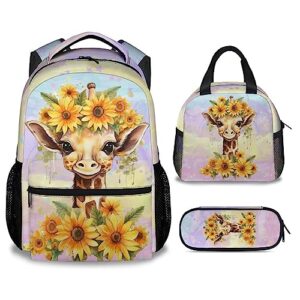 homexzdiy giraffe backpack with lunch box set for girls boys, 3 in 1 school backpacks matching combo, cute yellow bookbag and pencil case bundle