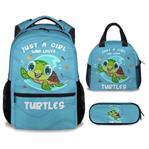 kaxvzer sea turtle girls backpack with lunch box set - 3 in 1 school backpacks matching combo - cute blue bookbag and pencil case bundle