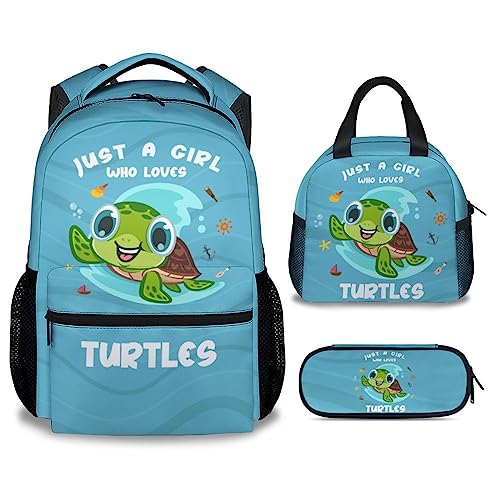 KAXVZER Sea Turtle Girls Backpack with Lunch Box Set - 3 in 1 School Backpacks Matching Combo - Cute Blue Bookbag and Pencil Case Bundle