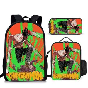 mvrlomrz anime chainsaw man backpack lunch bag pencil bag 3-pieces set, large capacity, ideal gift for boys and girls, suitable for travel, office, picnic