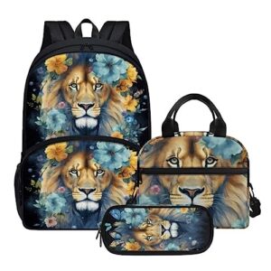 pinupub 3 in 1 kids backpack set blue lion flowers print 17 inch large elementary school bag with lunch bag and pen bag