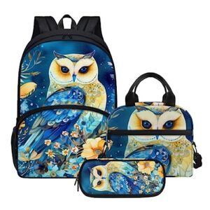 pinupub kids blue owl flowers backpack 3pcs set including 17 inch large school bag with lunch bag and practical pen bag
