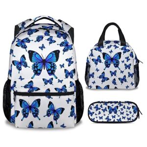 xaocnyx butterfly backpack with lunch box and pencil case set, 3 in 1 matching girls boys white backpacks combo, fashion bookbag and pencil case bundle