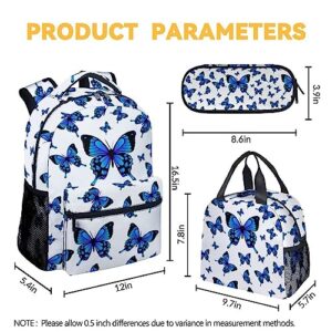 XaocNyx Butterfly Backpack with Lunch Box and Pencil Case Set, 3 in 1 Matching Girls Boys White Backpacks Combo, Fashion Bookbag and Pencil Case Bundle