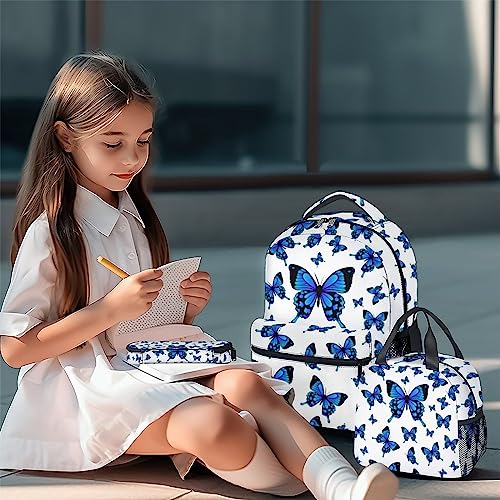 XaocNyx Butterfly Backpack with Lunch Box and Pencil Case Set, 3 in 1 Matching Girls Boys White Backpacks Combo, Fashion Bookbag and Pencil Case Bundle